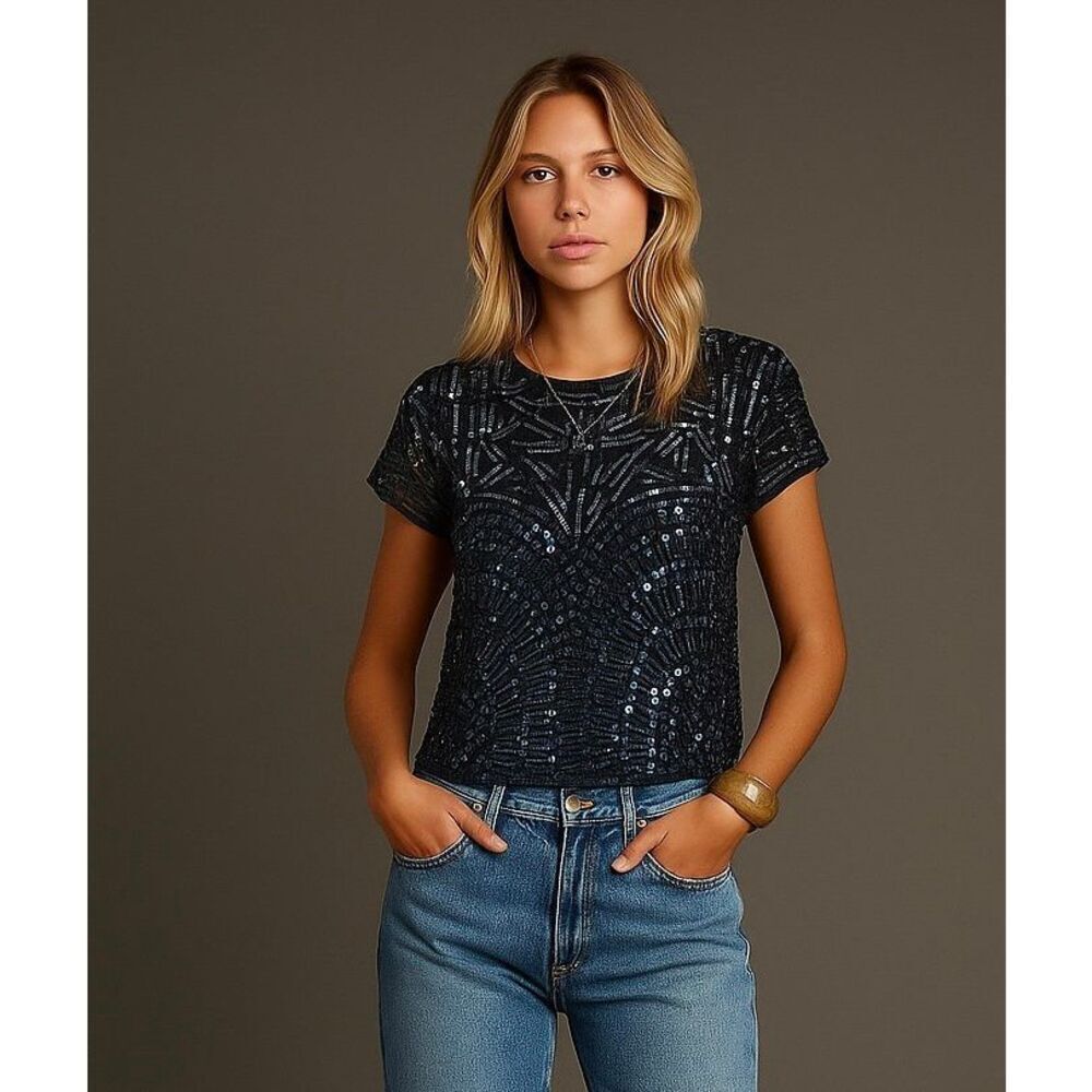 Carlisle‎ Mesh, Bead and Sequin Embellished Short Sleeve Top Black Size 6